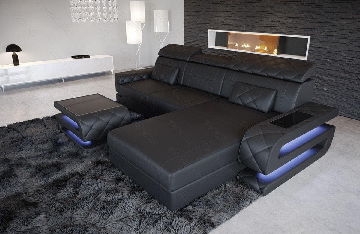Sofa Bologna als Eck, in der L-Form Ledersofa mit USB-Anschluss Stauraum Beleuchtung Kopfstützen Designersofa Couch (Ottomane rechts (auf blickend)
