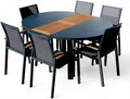 ALEOS. Essgruppe, Gartengarnitur Gartenset Aluminium Teak Set mit rundem Ausziehtisch 120cm auf 160cm ausziehbar + 6 Stapelstühle anthrazit Trinidad