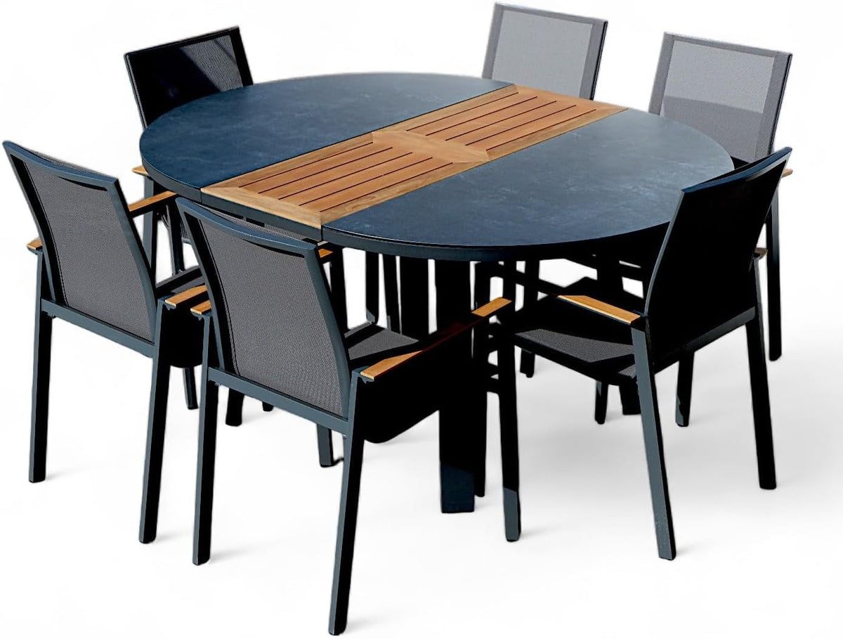 ALEOS. Essgruppe, Gartengarnitur Gartenset Aluminium Teak Set mit rundem Ausziehtisch 120cm auf 160cm ausziehbar + 6 Stapelstühle anthrazit Trinidad