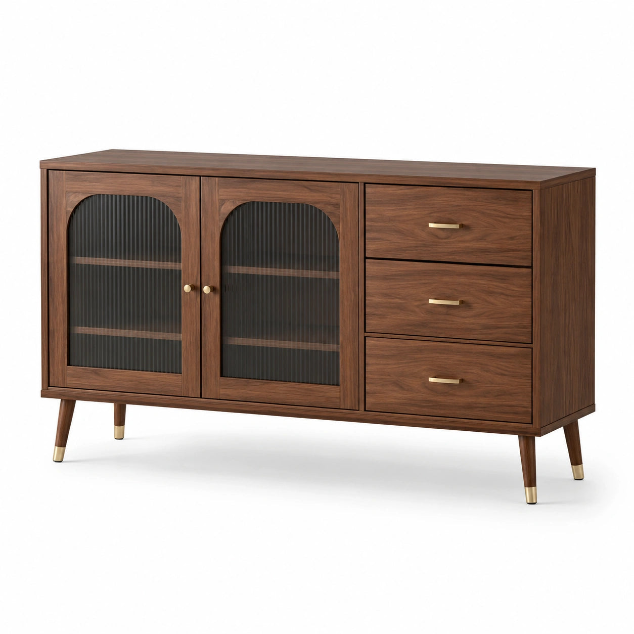 Sideboard aus Walnussholz mit geriffeltem Glas und Schubladen