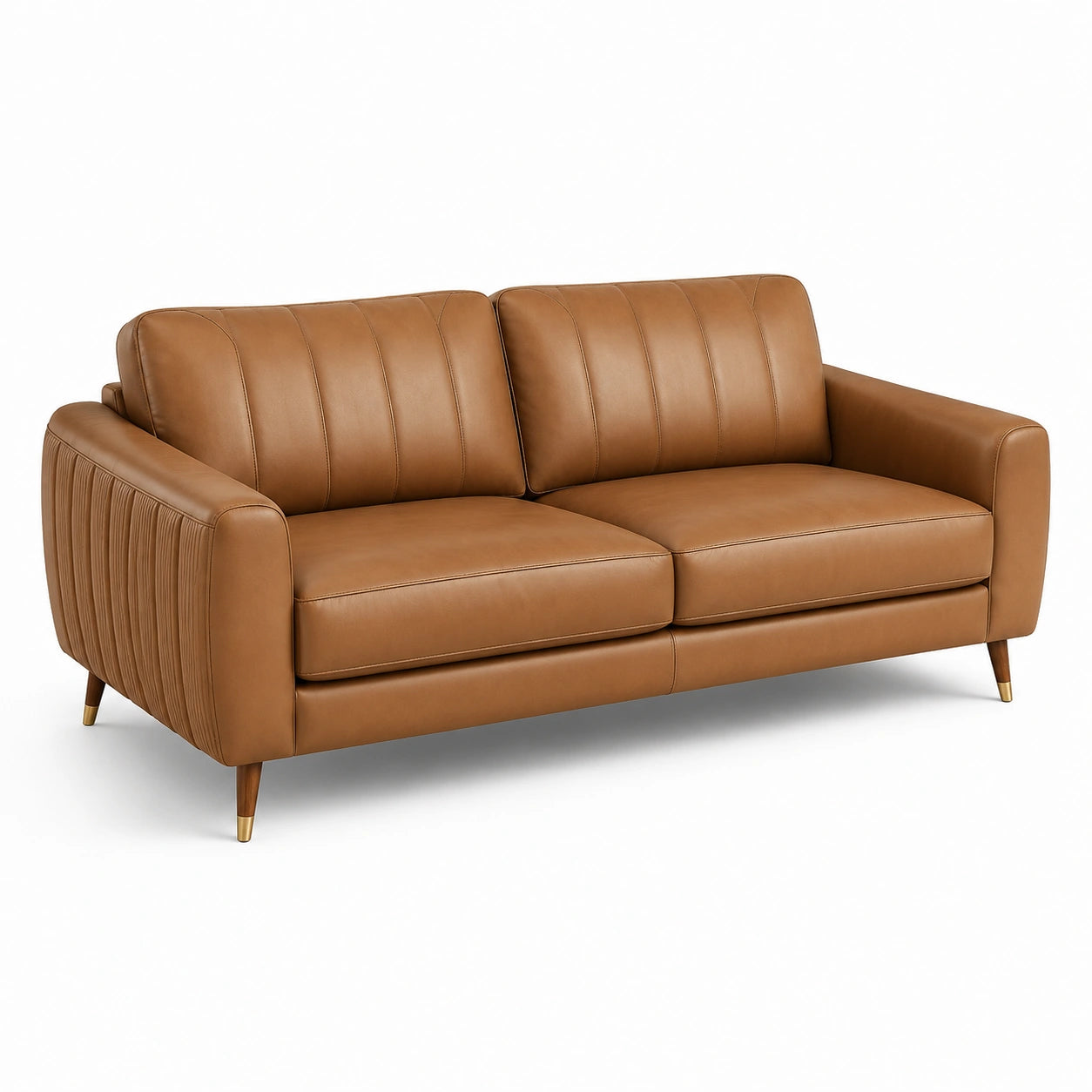 2-Sitzer Ledersofa in Cognac mit Holzbeinen