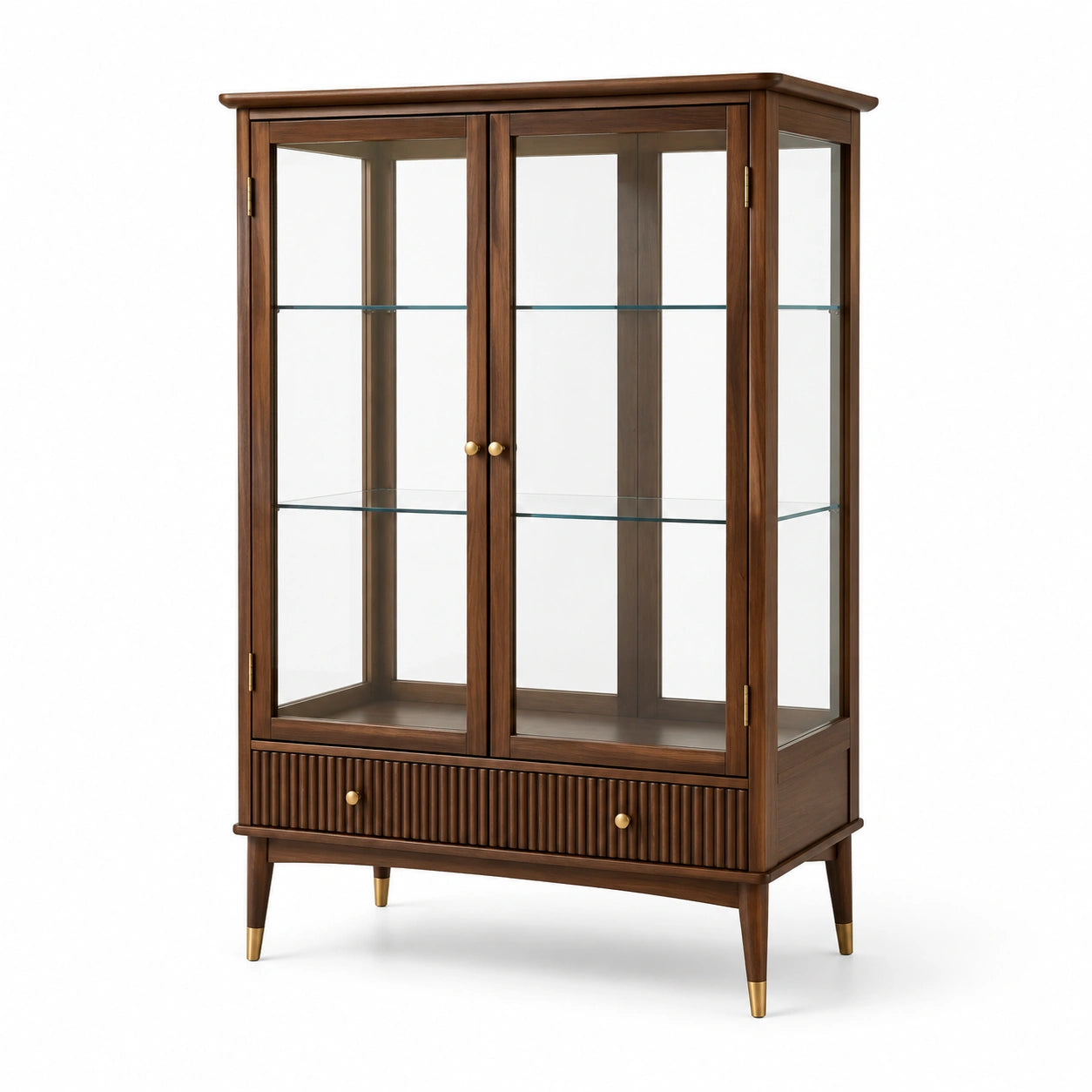 Vitrine aus Walnussholz mit gehärtetem Glas und Messingbeschlägen, Braun, 120x45x180cm