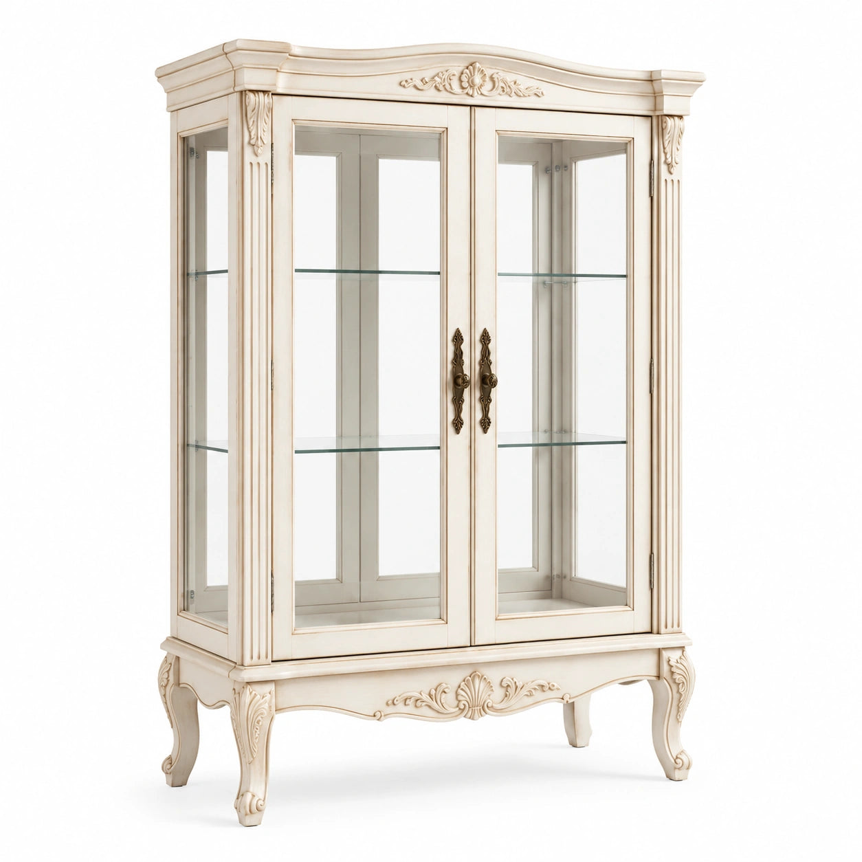 Vitrine aus Massivholz und Glas in Cremeweiß mit Schnitzereien 180cm