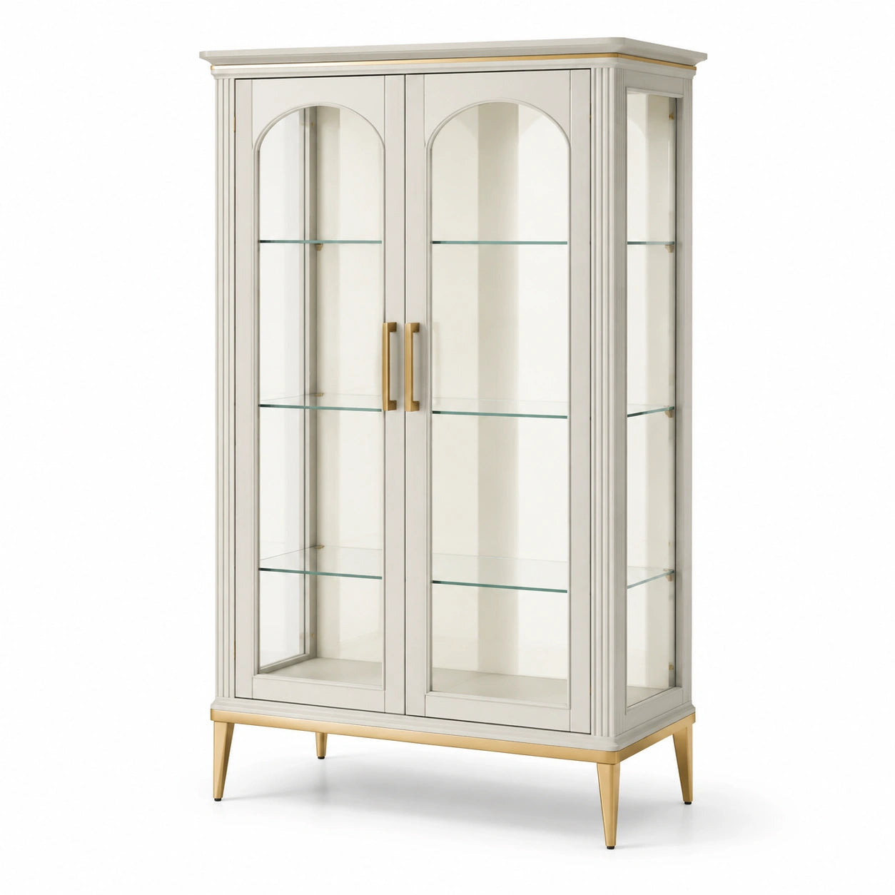 Vitrine mit Glastüren aus Holz, Beige mit Goldakzenten