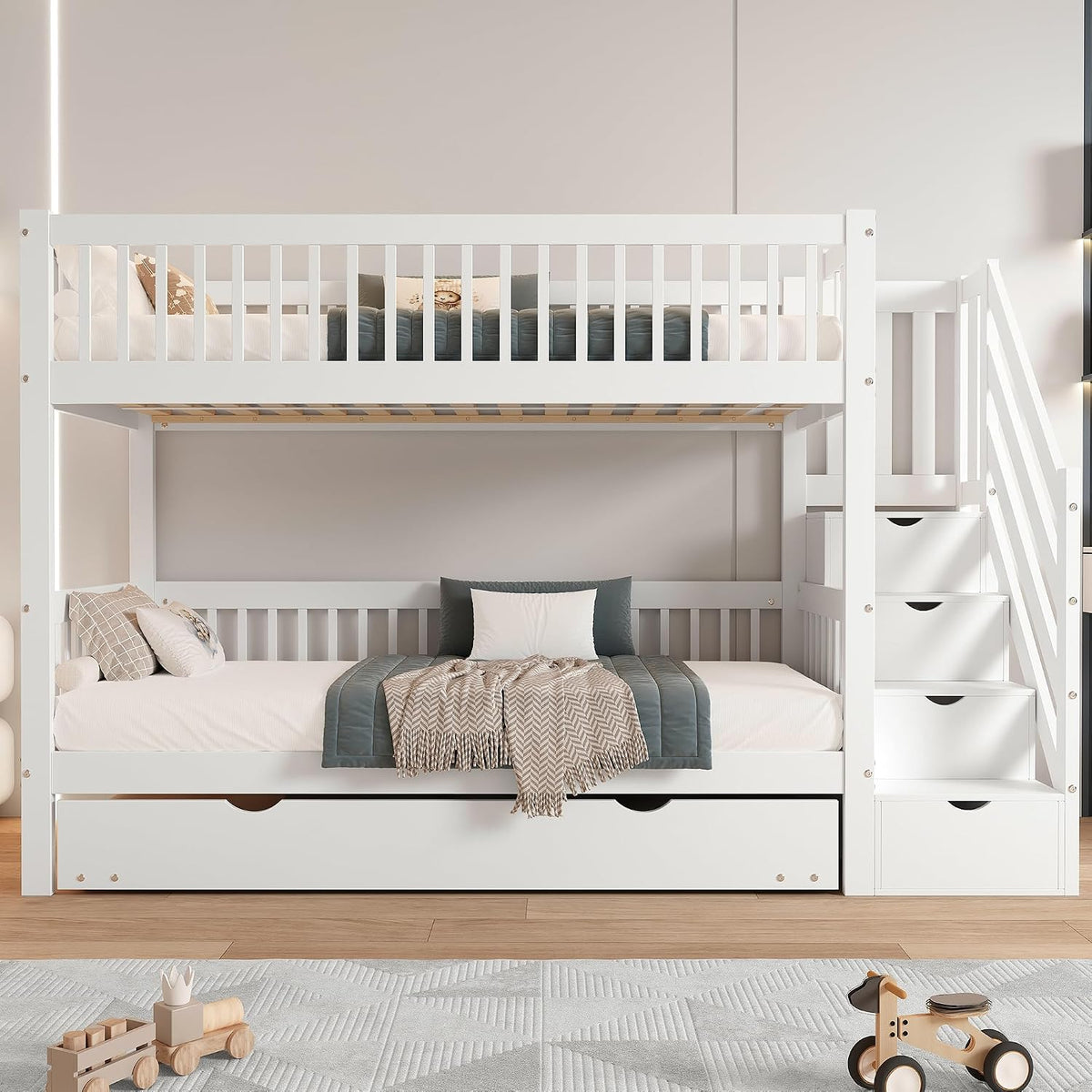 Kinderbett, Etagenbett 90 × 200 cm mit Ausziehbares Bett, Hochbett mit Treppe und Stauraum Regal