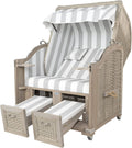 Esszimmerstuhl, Strandkorbprofis Strandkorb Landhaus Sylt Teak Vintage, Geflecht White-Washed, Bezug PVC Blockstreifen grau