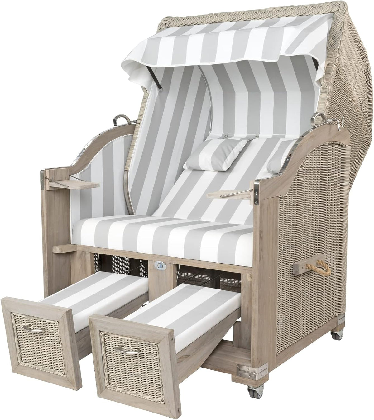 Esszimmerstuhl, Strandkorbprofis Strandkorb Landhaus Sylt Teak Vintage, Geflecht White-Washed, Bezug PVC Blockstreifen grau