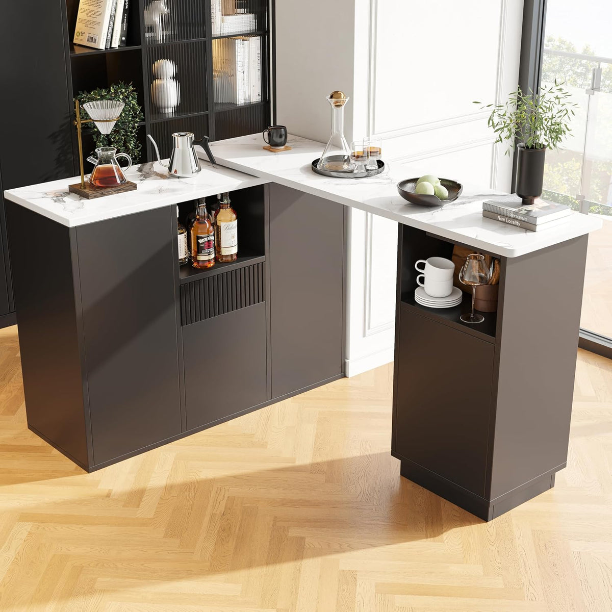 Bartische & -theken, Um 360° drehbarer Bartisch, mit offenem Stauraum und Marmor-Arbeitsplatte, geeignet für Küche