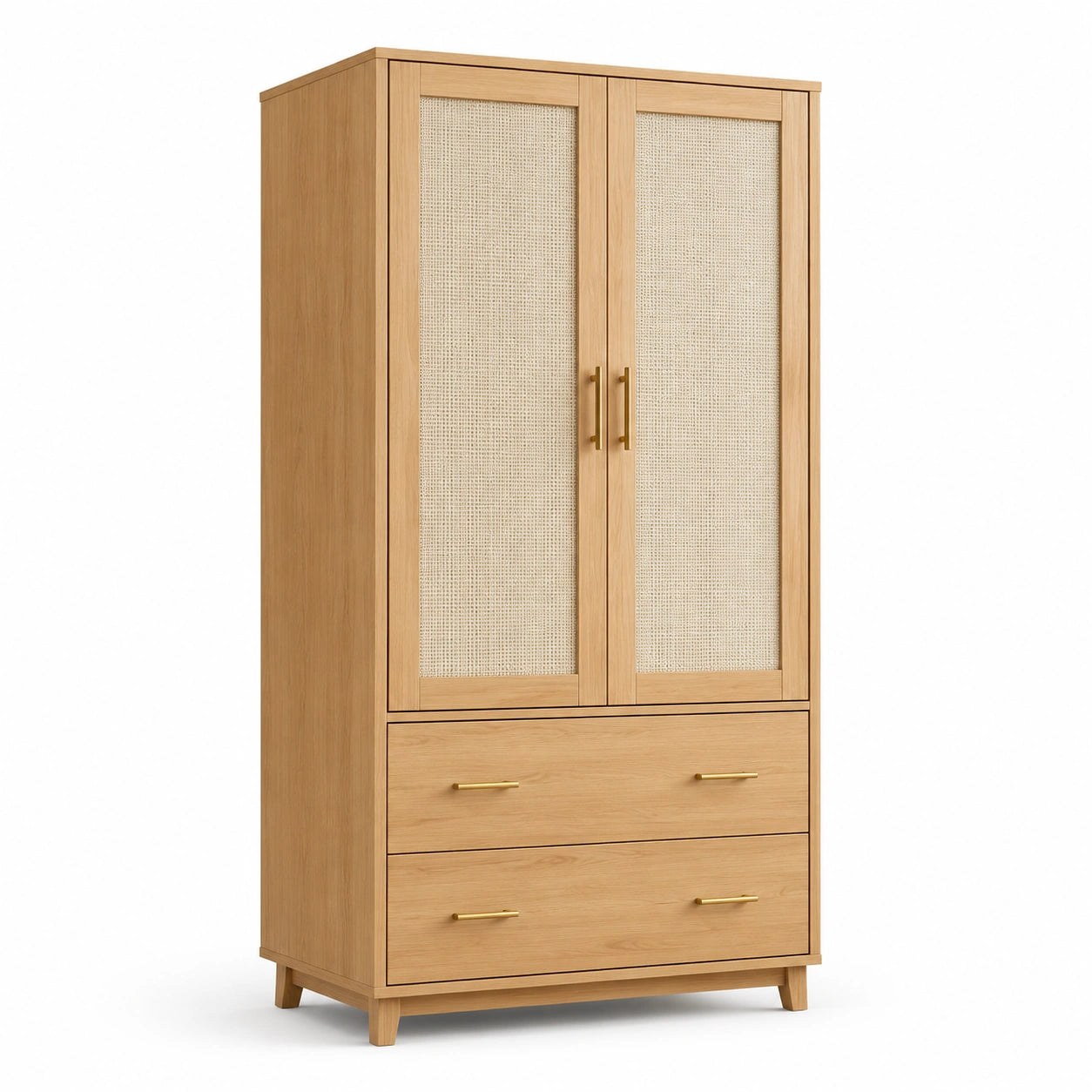 Eichenholz Kleiderschrank mit Rattan-Doppeltüren und Schubladen