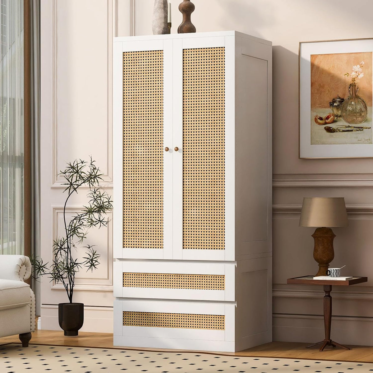 Kleiderschrank, in Weiß mit Rattan-inspirierten Türen, Fiednoy
