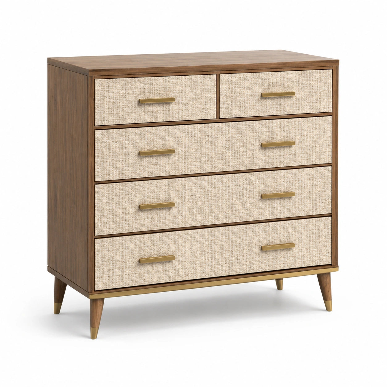 Kommode mit fünf Schubladen aus Holz und Textil in Braun/Beige