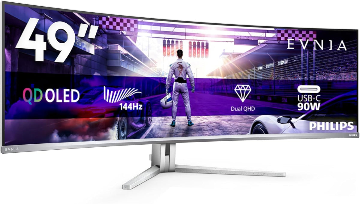 PHILIPS 49M2C8900LA 49 DQHD USB Evnia zoll Curved Hub Gaming Monitor, 144Hz, QD-OLED Panel, 0.03ms GtG, HDR400 TB, FreeSync Prem.Pro, Höhenverstellung