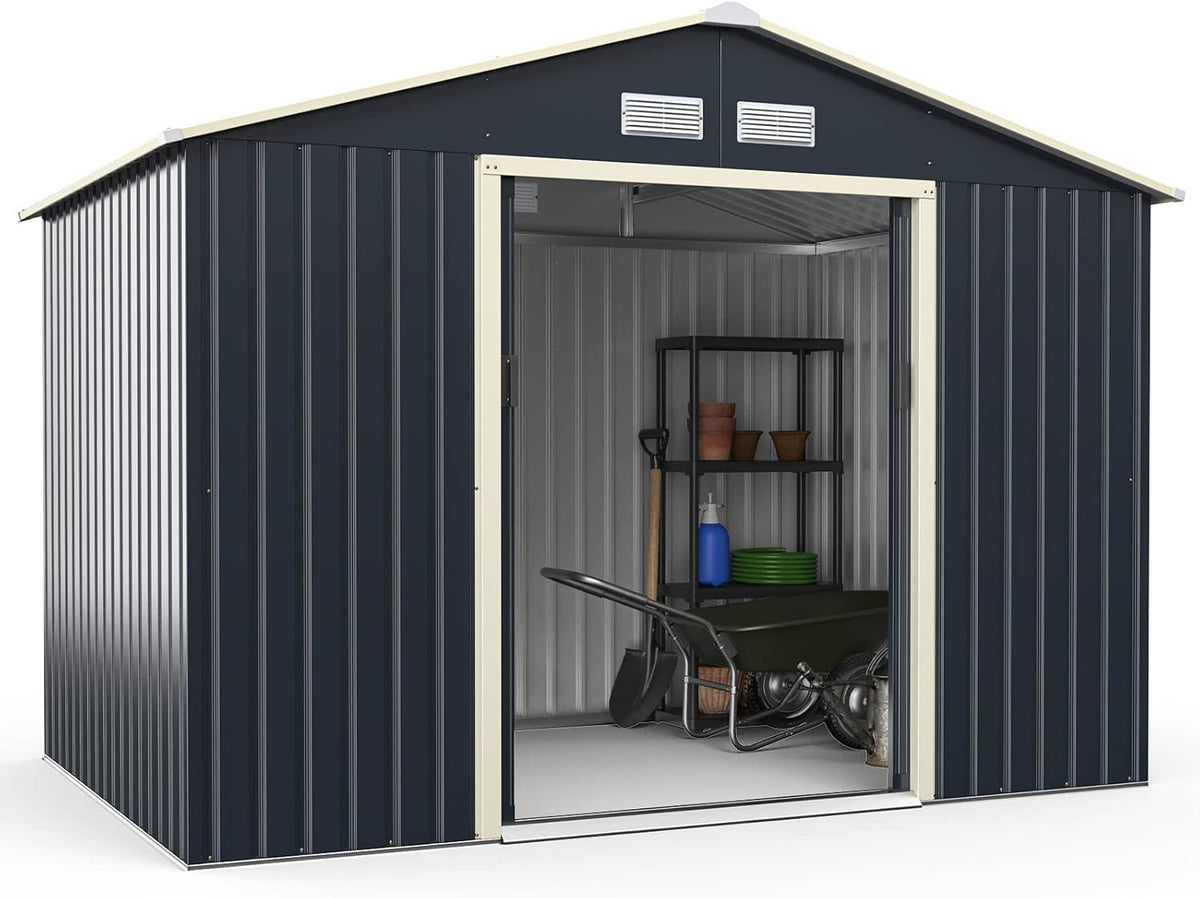 COSTWAY 277x191x202 Gerätehaus Metall cm Geräteschuppen abschließbar Gartenhaus, mit 4 Luftschlitzen & Schiebetür