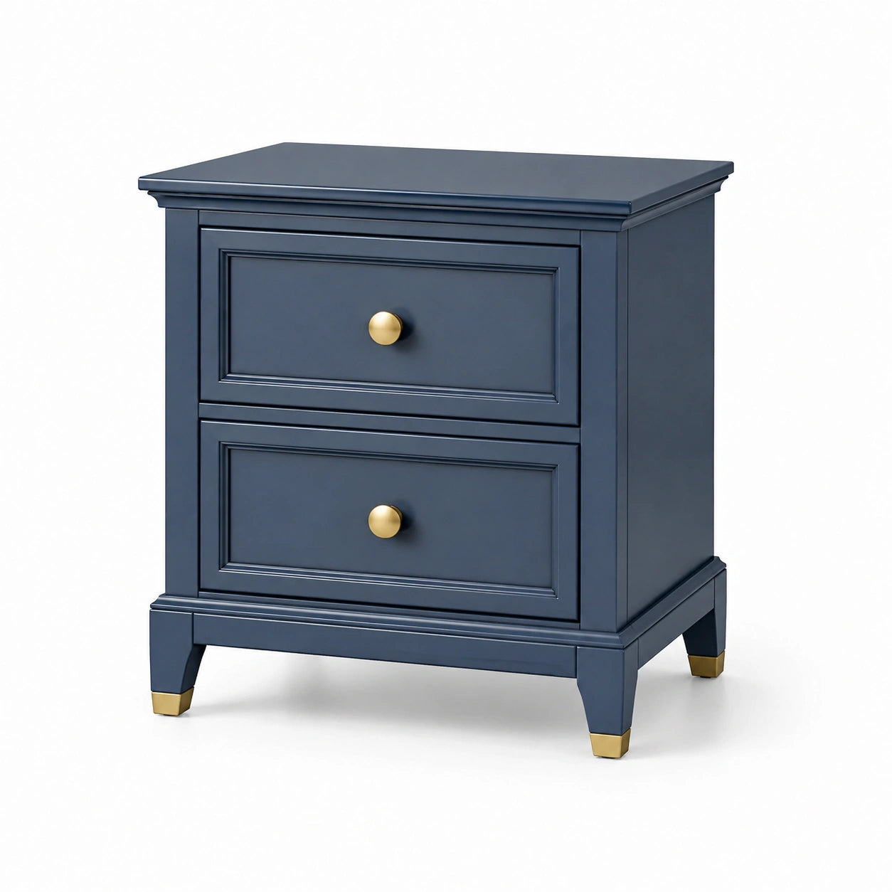 Blauer Holz-Nachttisch mit 2 Schubladen und Messinggriffen
