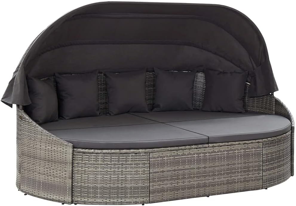 Liege Outdoor Sonneninsel mit Dach Garten, Liege Insel Gartenmöbel Lounge Sitzgruppe Gartenmuschel Sonnenliege Poly Rattan Grau (Grau und Anthrazit)