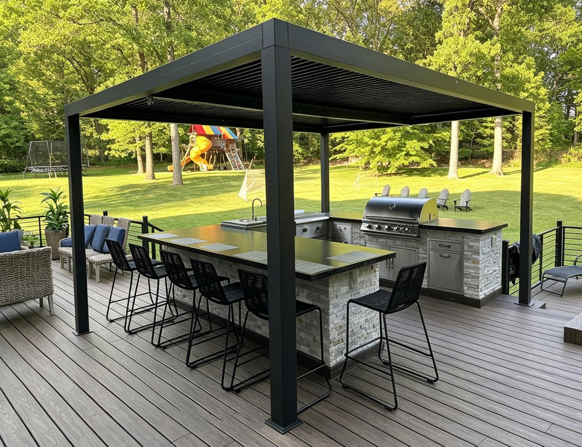 Pavillon, Pergola 3.33 x 4.5 m Alu Lamellendach Entwässerungssystem, Grau, PURPLE LEAF