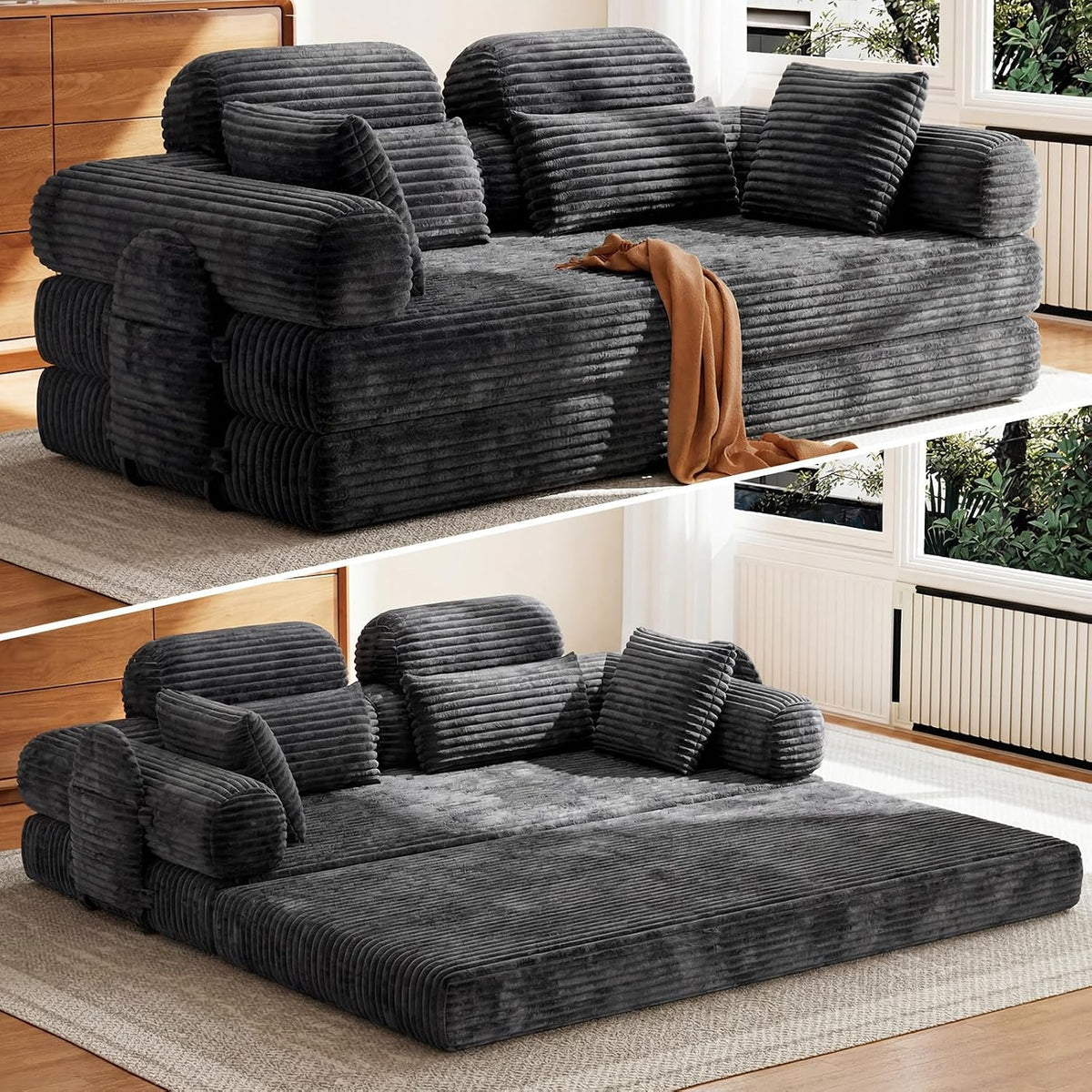 Sofa Schlaf, 200cm Breit, Boneless Couch, Bodensofa Bed mit Hohe Rückenlehne, Abnehmbare Integrierte Kopf- und Lendenstütze, 2 Zierkissen