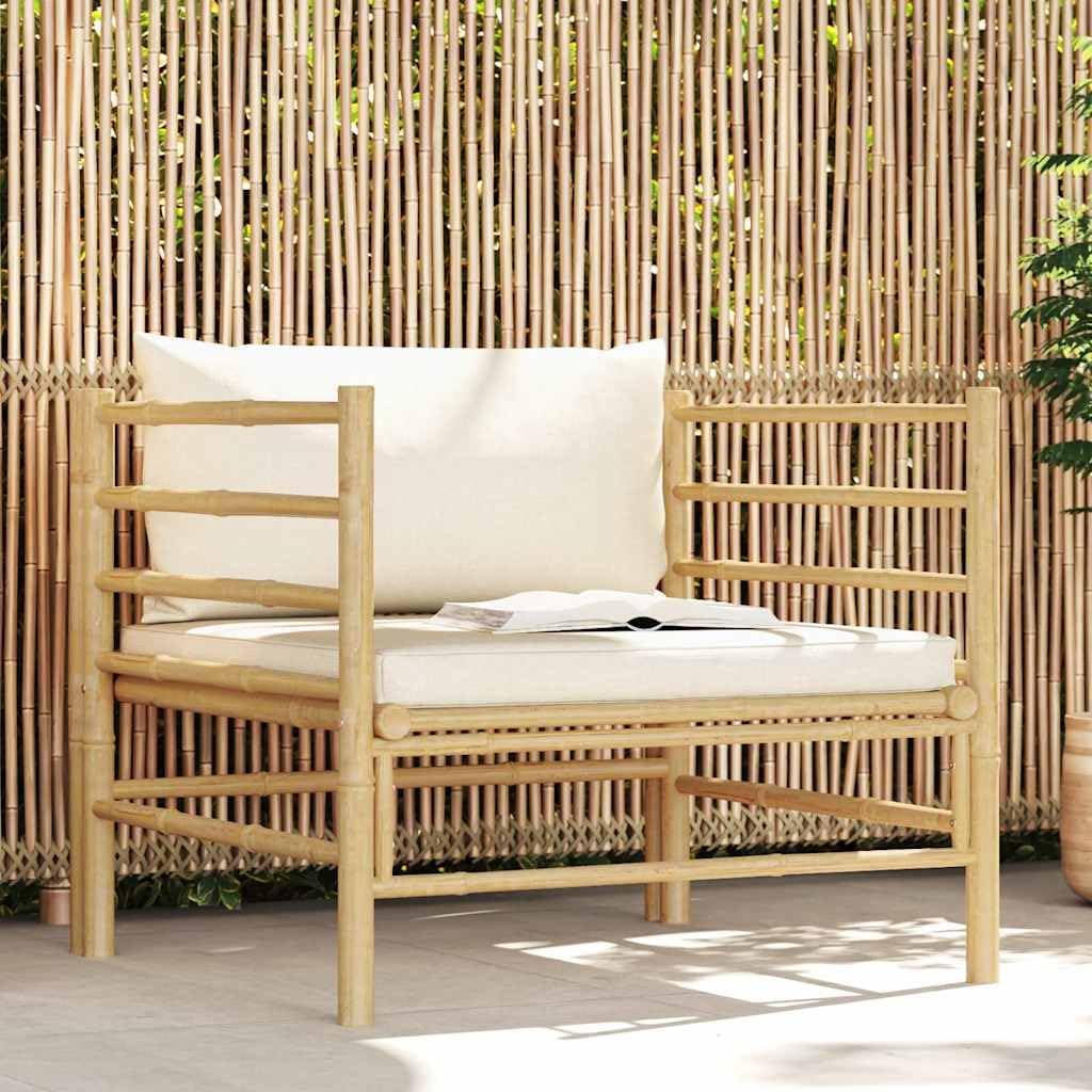 Sofa Garten, Bambus mit Kissen Cremeweiß, wetterfestes Garten Sofa Element, Lounge Couch mit Polster und Rückenlehne