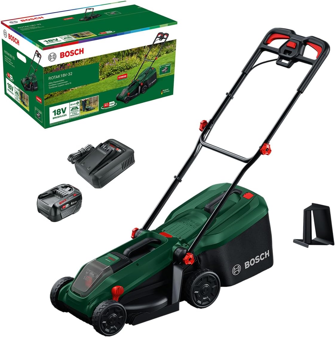 Bosch Rasenmäher,   Akku-Rasenmäher ROTAK18V-32 (Schnittbreite: 32 cm, Schnitthöhe: 25-65 mm, 35 l Stoff-Grasfangkorb, Mulchstopfen, inkl. Akku und
