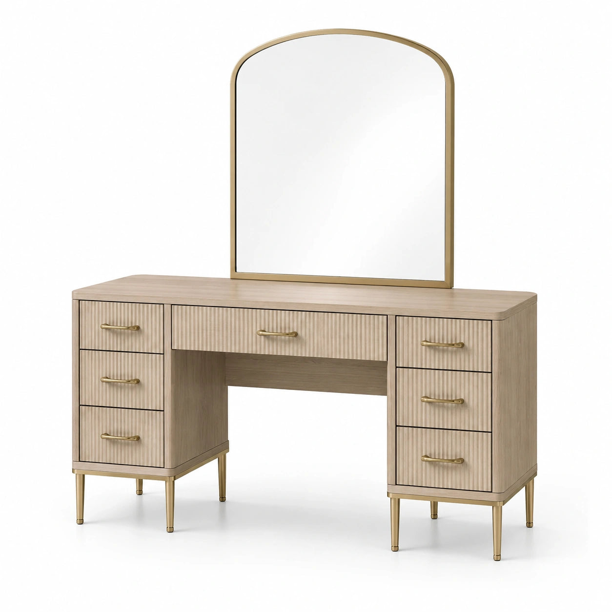Schminktisch mit Spiegel aus Holzfurnier und Metall, Beige