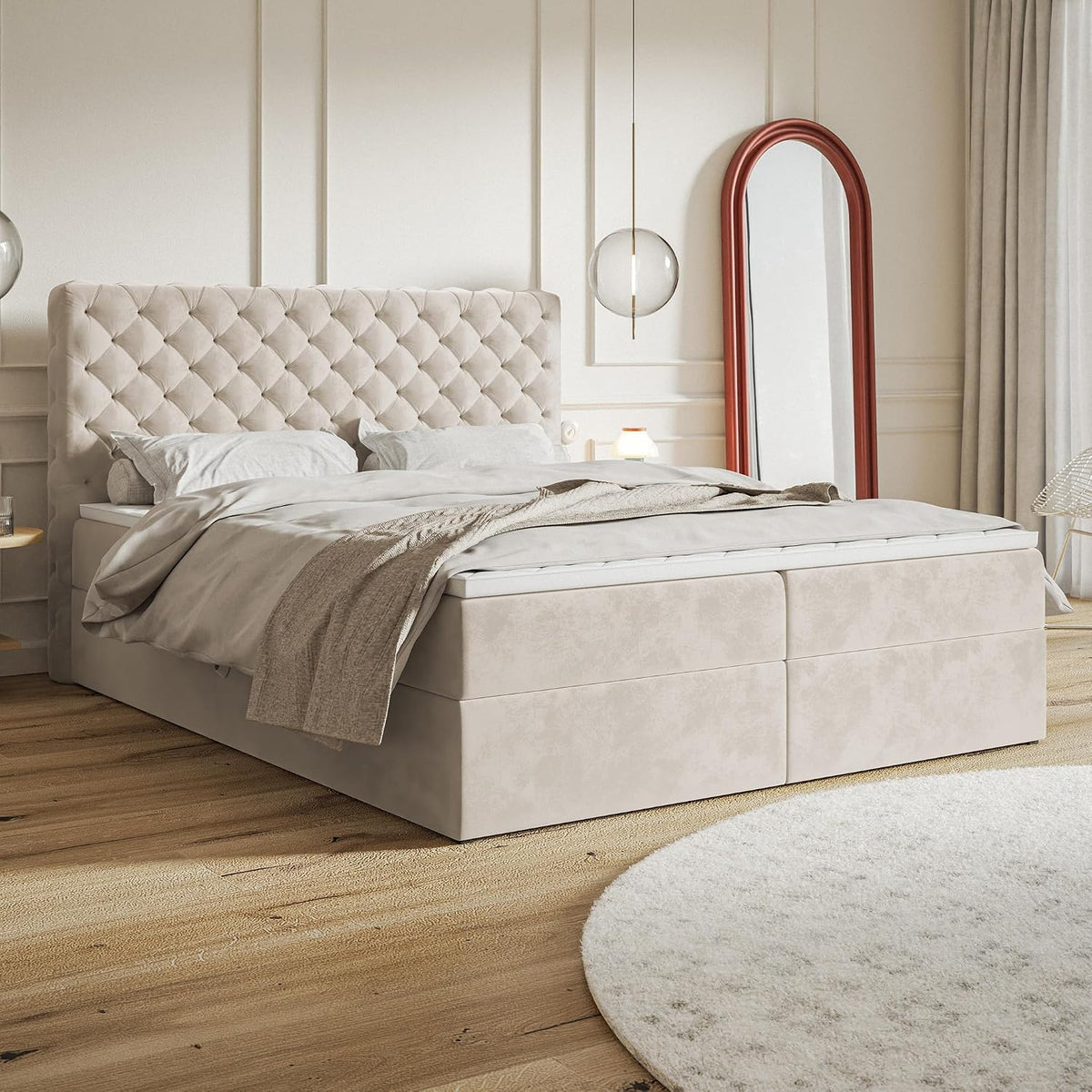 Boxspringbett Nero Chesterfield, 180 × 200 mit Bettkasten und Topper, Polsterbett 180 × 200 mit Bettkasten, Taschenfederkern-Matratze (H3)