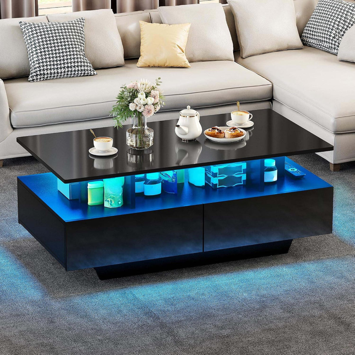 Beistelltisch 16-Farbiger LED Couchtisch Schwarz Wohnzimmertisch Hochglanz mit Beleuchtung Modern