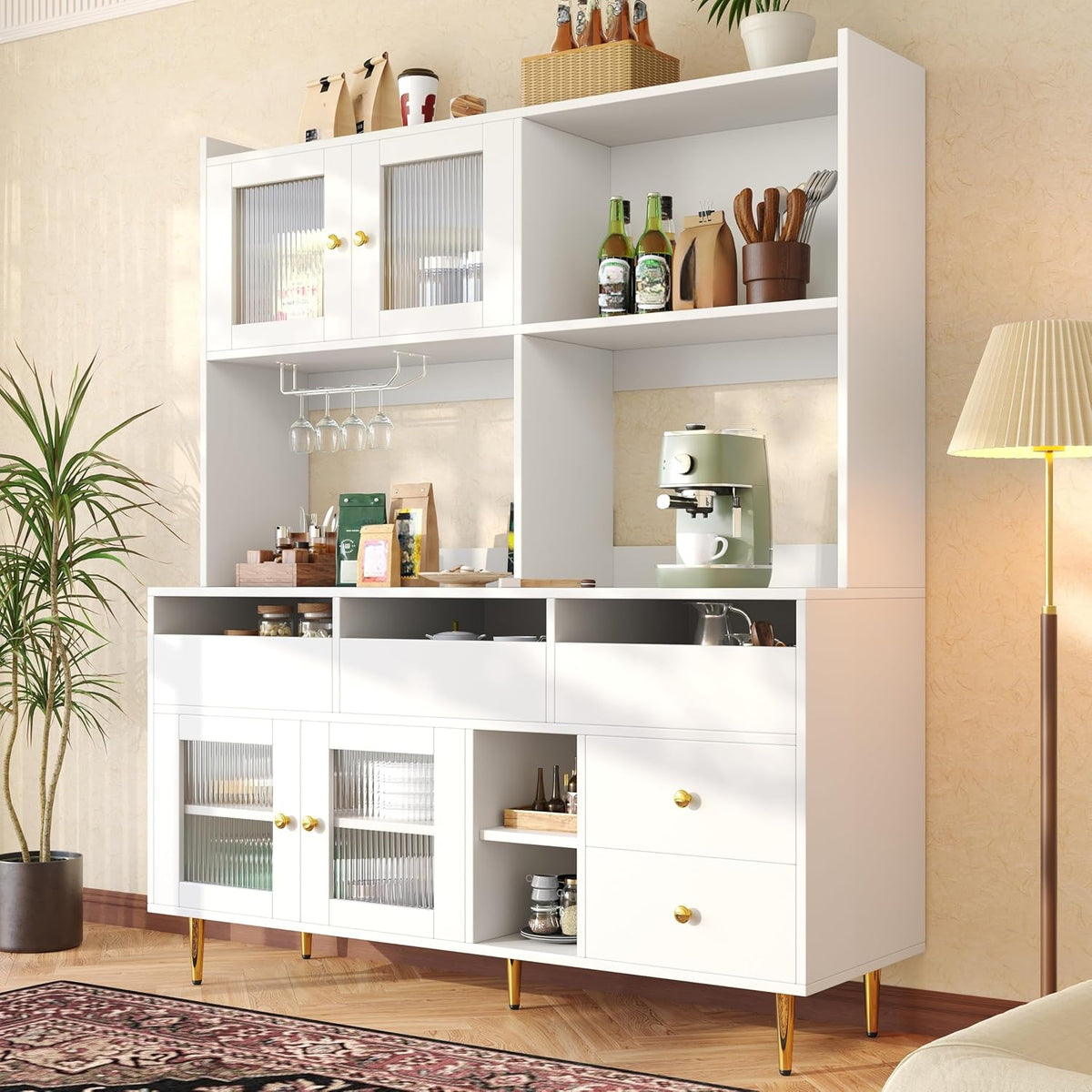 Sideboard Küchenschrank mit Stauraum, Kommode mit Schubladen und Glastür, 145 × 39 × 171cm Hochschrank mit Arbeitsplatte