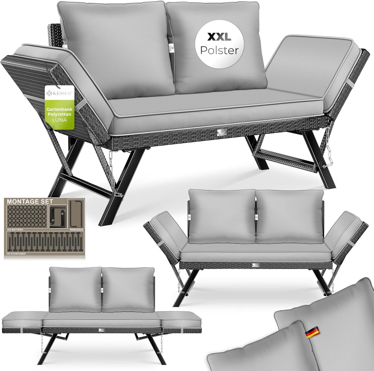 Sitzbank, ® Gartenbank Polyrattan Luna mit Liegefunktion Gartensofa 4 in 1 Verstellfunktion Gartencouch Wetterfest Balkonsofa Verstellbare Armlehnen
