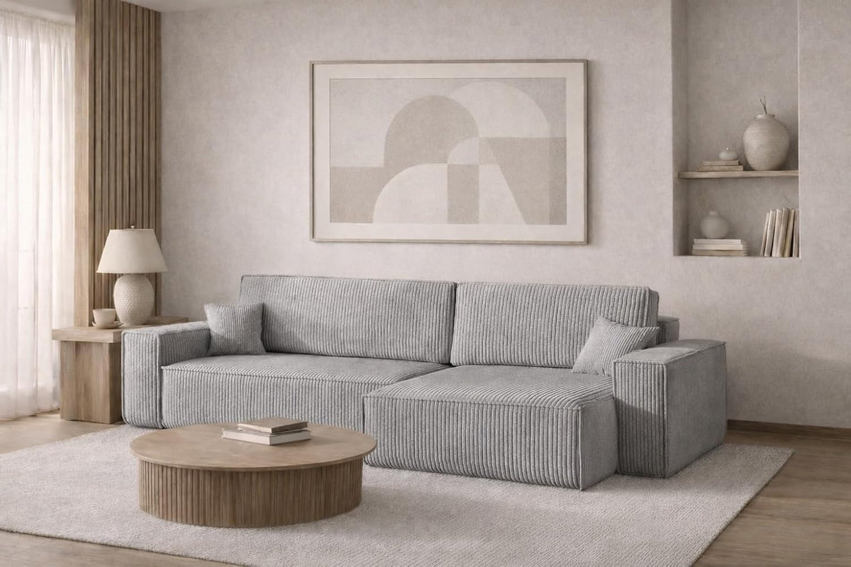 Sofa - Eck, mit Schlaffunktion und Bettkasten, Schlafsofa mit Bettzeugbehälter, Wohnlandschaft L-Form, Klappsofa, Relaxsofa, Cordstoff