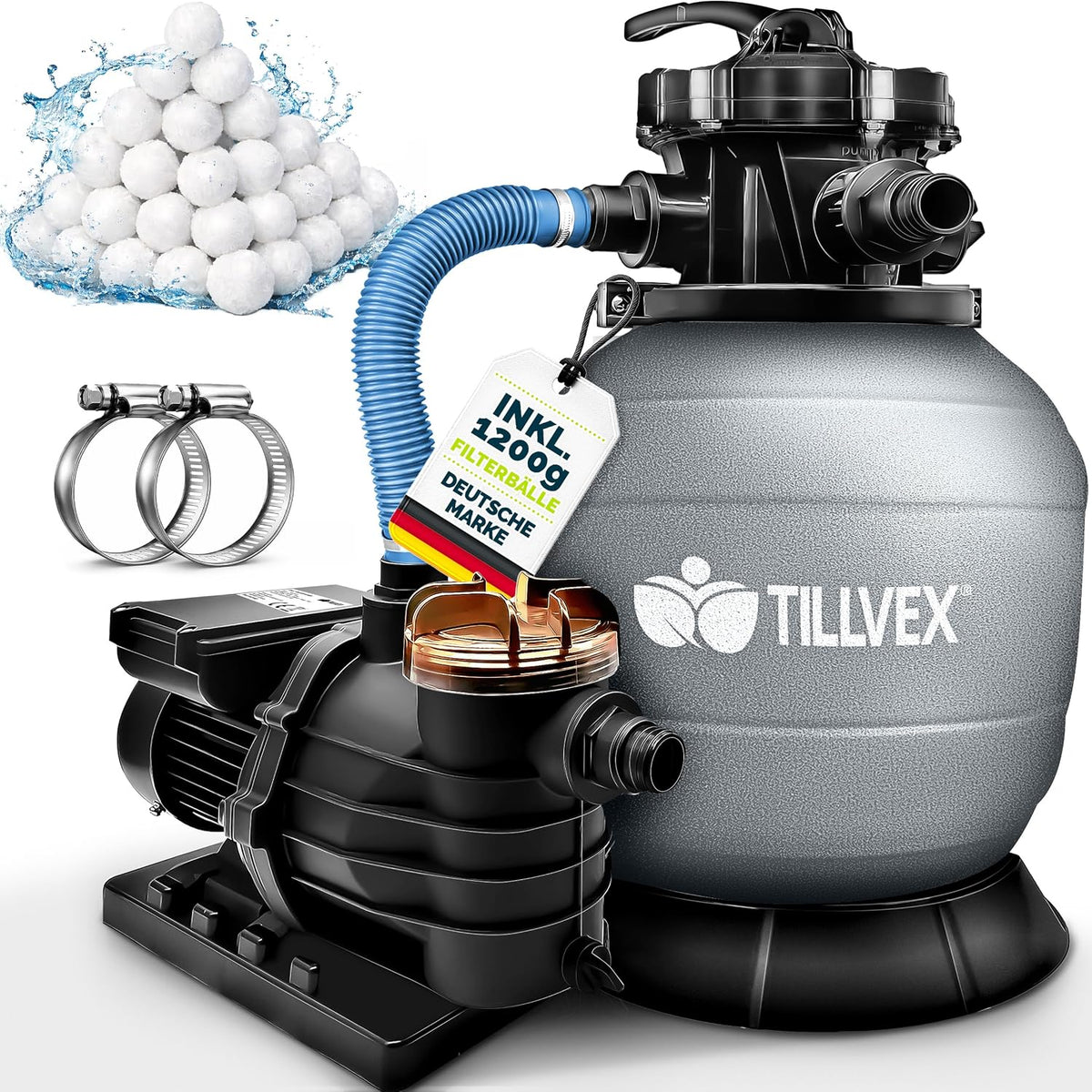 tillvex ® Sand Filter, anlage Pool 13.200L/h + 1200g Filterbälle bis 40.000L