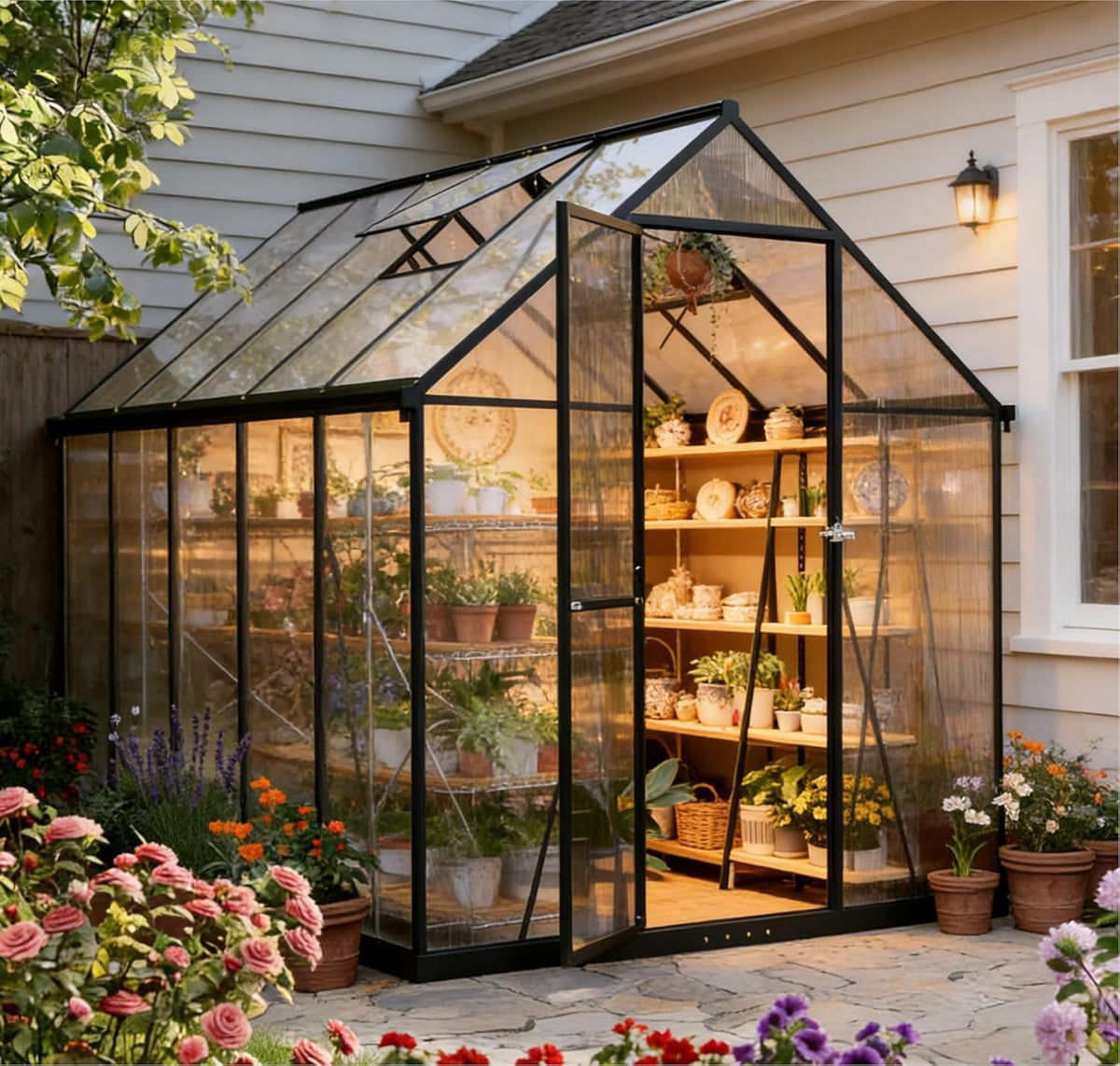 Gotland 2026 Polycarbonat Gewächshaus, Schwarz 281 × 175 × 195, Aluminiumrahmen Garten & Terrasse Pflanzenhaus mit Lüftungsfenster, Regenrinnen
