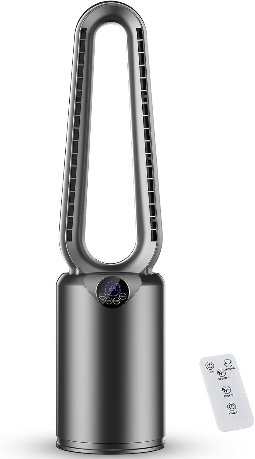 Timiyou Flügelloser Turmventilator, mit leistungsstarkem Luftstrom, ultra-leiser Gleichstrommotor (22 dB), 8 Geschwindigkeitsstufen & 4 Modi