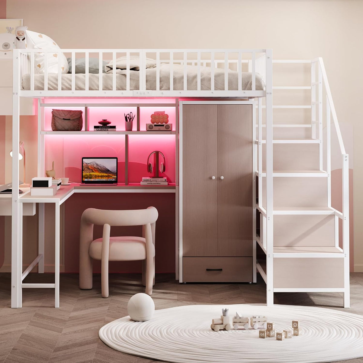 Bett Metall Hoch, 140 × 200 cm, mit Schreibtisch, Regal, Kleiderschrank und Schubladen, Hochbett mit LED Beleuchtung, Steckdose, USB Typ C