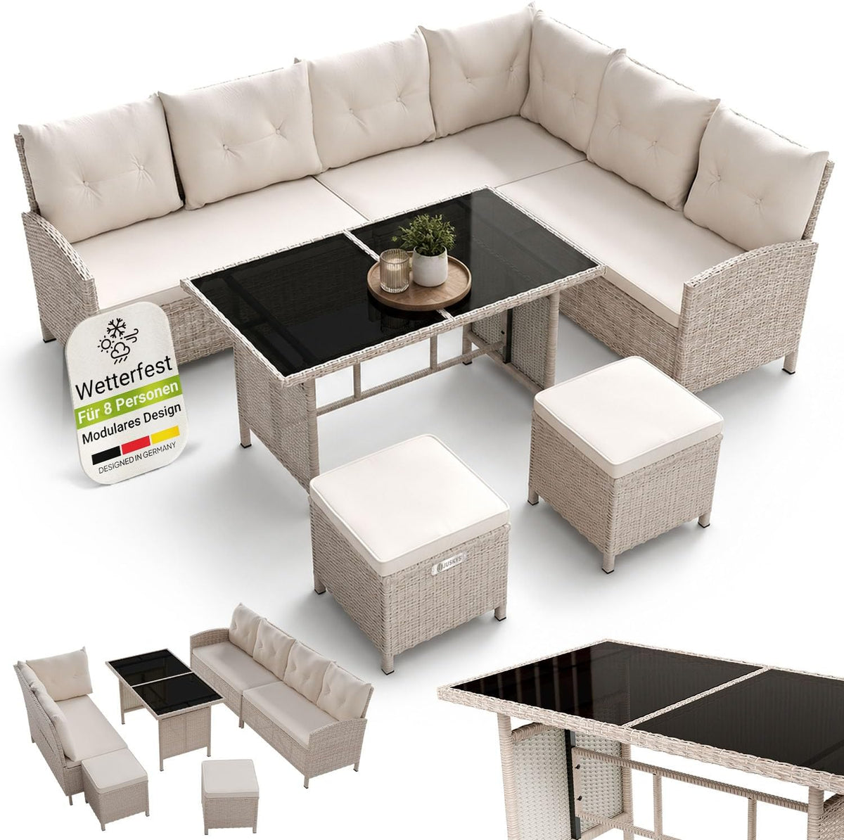Juskys Essgruppe, ® Polyrattan Lounge Manacor mit Ecksofa, Esstisch