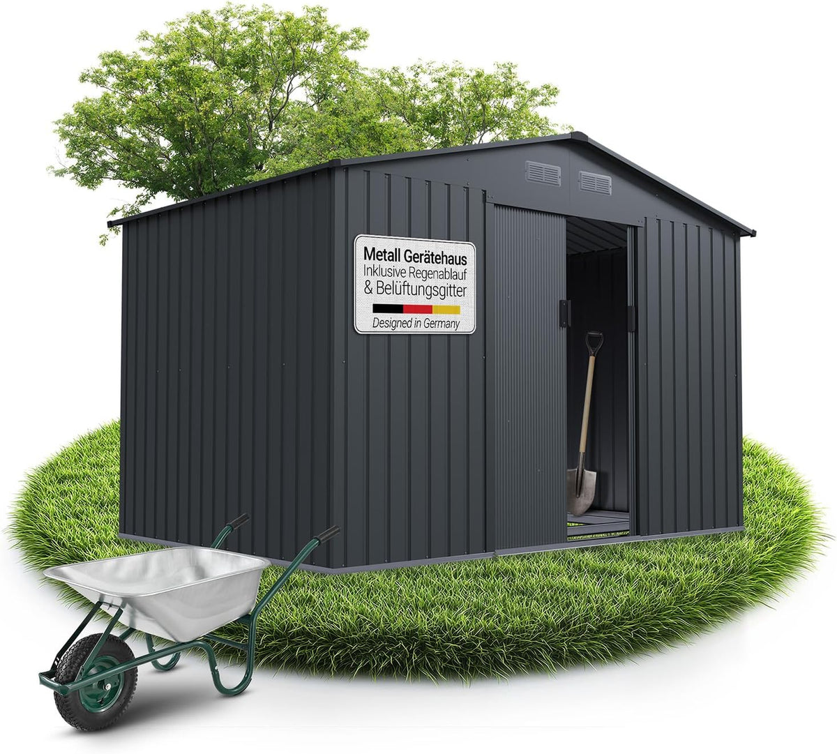 Juskys XL Geräteschuppen Metall Gartenhaus, & Gerätehaus mit Schiebetür, Fundamentrahmen & Schloss, wetterfester Gartenschrank zur Aufbewahrung