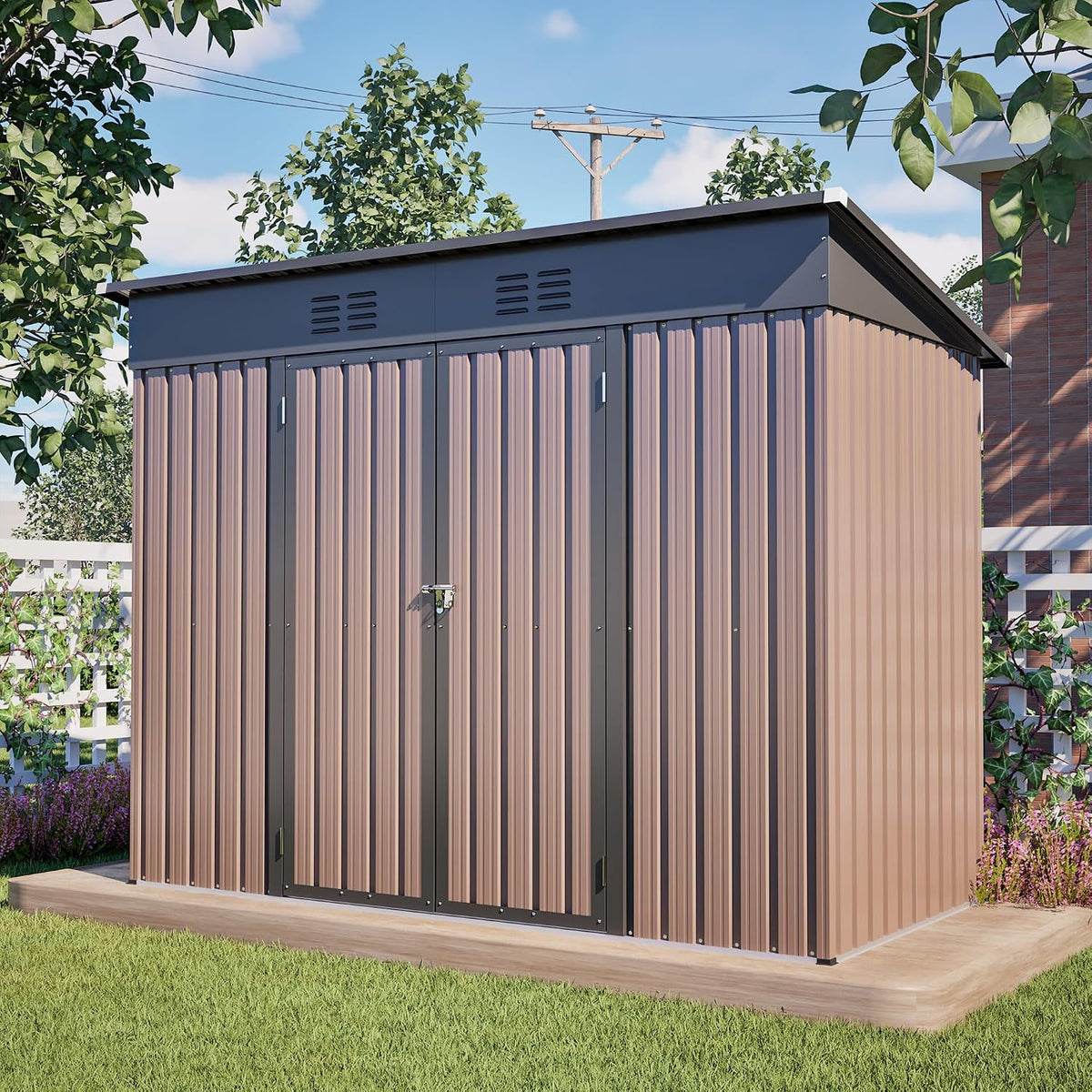 Su & Chan Legence Metall Gerätehaus, 242 × 126 × 182 cm mit Pultdach und Tür, wetterfester Geräteschuppen mit 2 Belüftungsgittern und Bodenrahmen