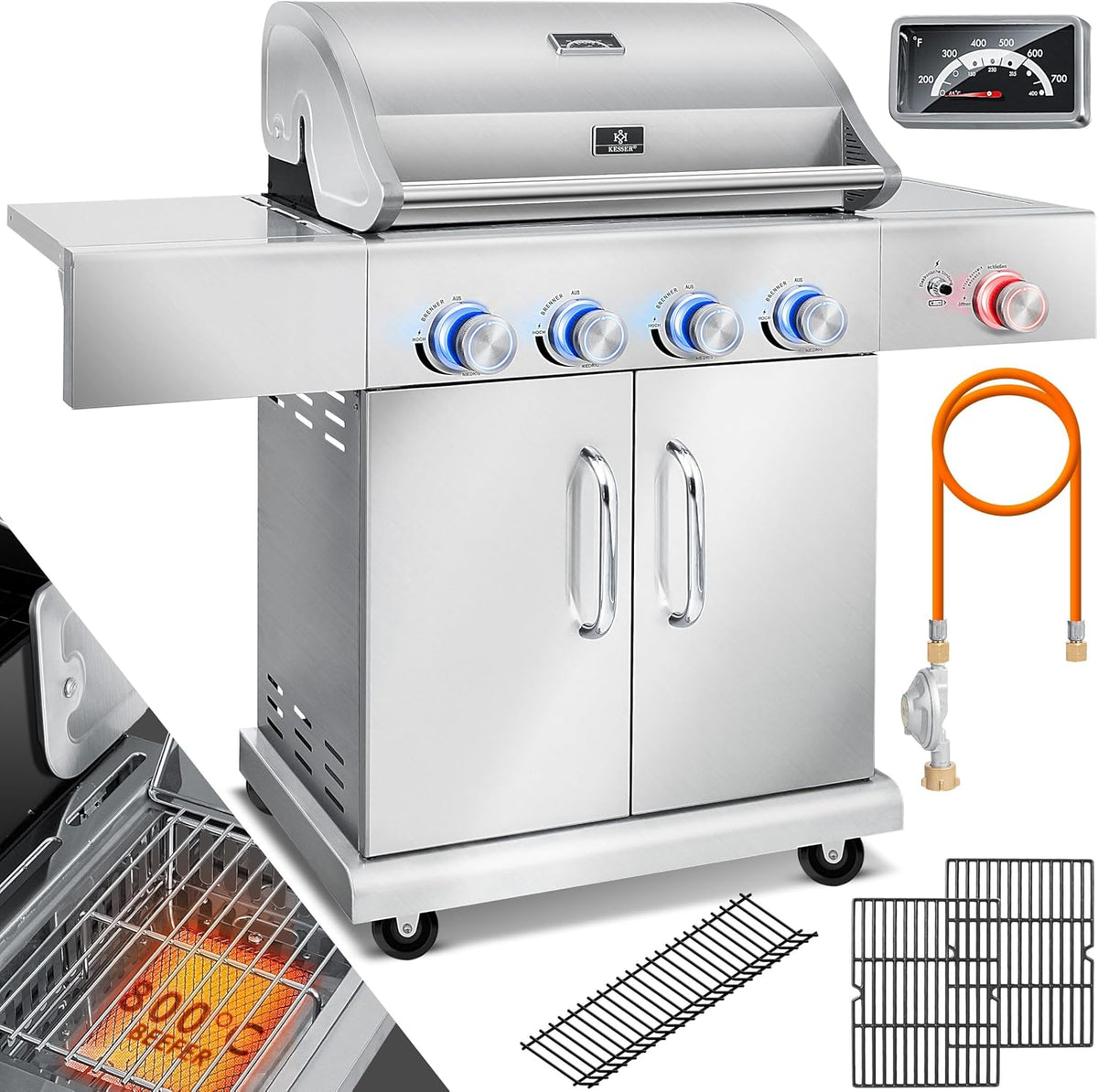KESSER Gasgrill,  ® Gasgrill mit 4 Brenner + 1x Infrarot Keramik Seitenbrenner &