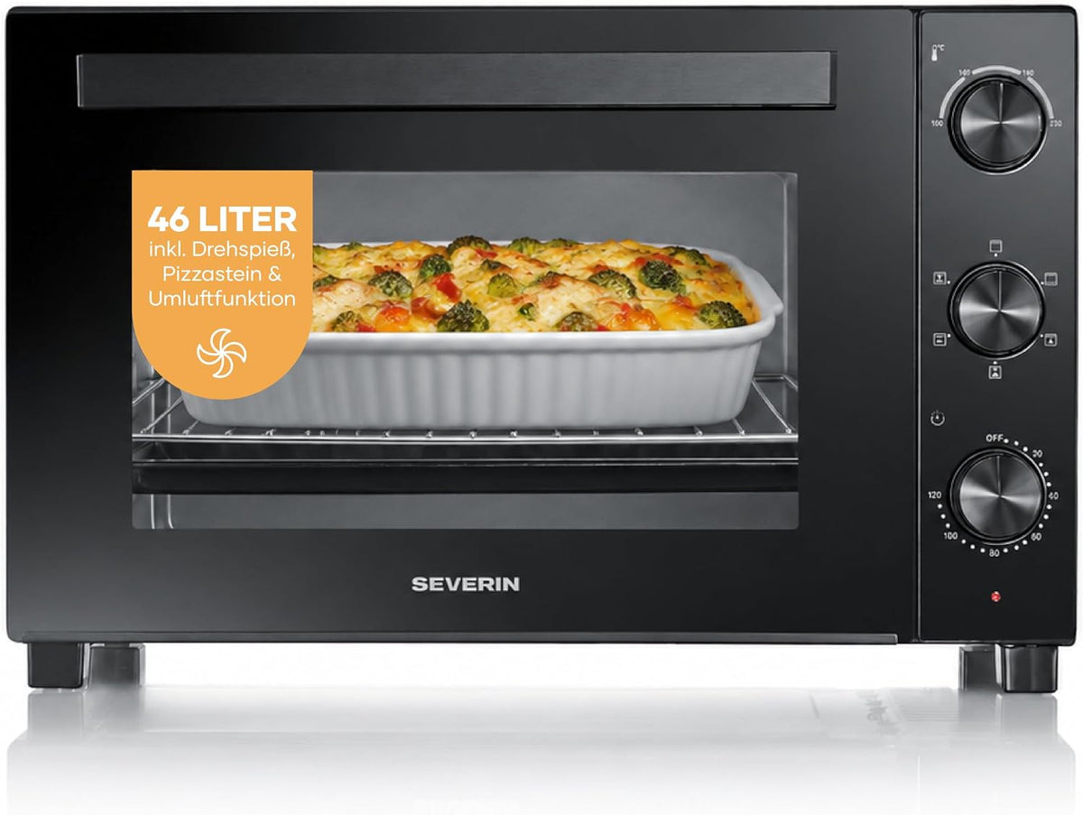 SEVERIN Mini-Backofen, Back- und Toastofen mit Umluftfunktion, inkl. Drehspieß für Fleisch, vielseitiger Heißluftofen mit 46 L Kapazität, Aufbackofen