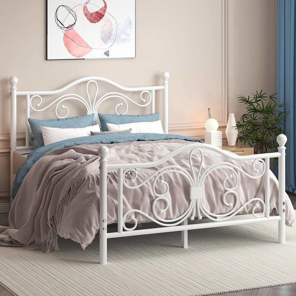 Bettgestell, Bett 140x200 mit Schmetterlingsmuster Kopf und Fußteil, Metallbett, Weiß, E-Motie