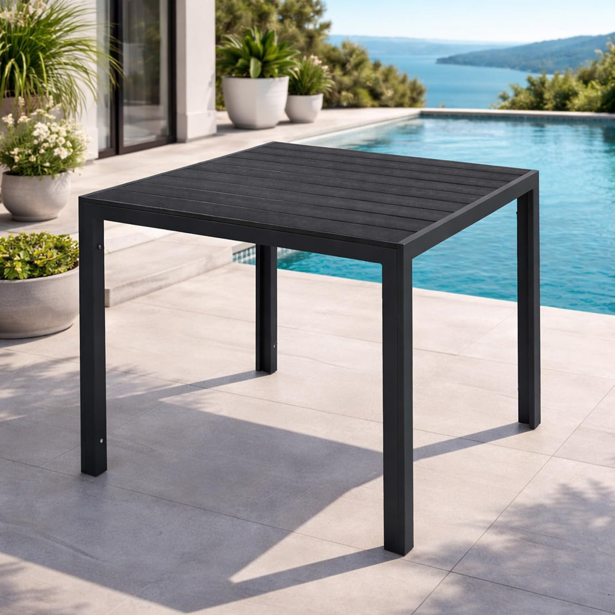 Esstisch Aluminium Gartentisch anthrazit schwarz, Gartenmöbel Tisch Holzimitat Non Wood wetterfest 90 × 90 × 74cm, Mojawo