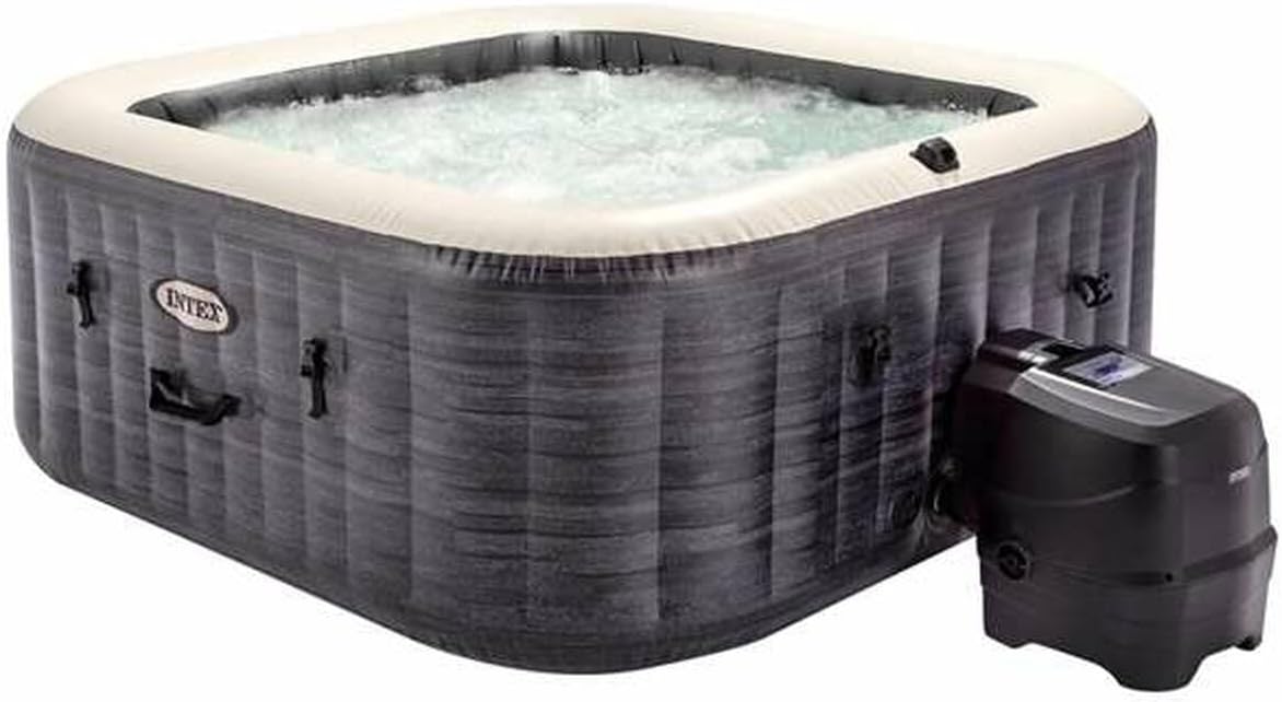 Intex Aufstellpool, 28450 - Whirlpool aufblasbar PureSpa Greystone Deluxe Quadrat, 4 Personen, 140 Düsen, Heizung und Wasseraufbereitung, PVC, Grau