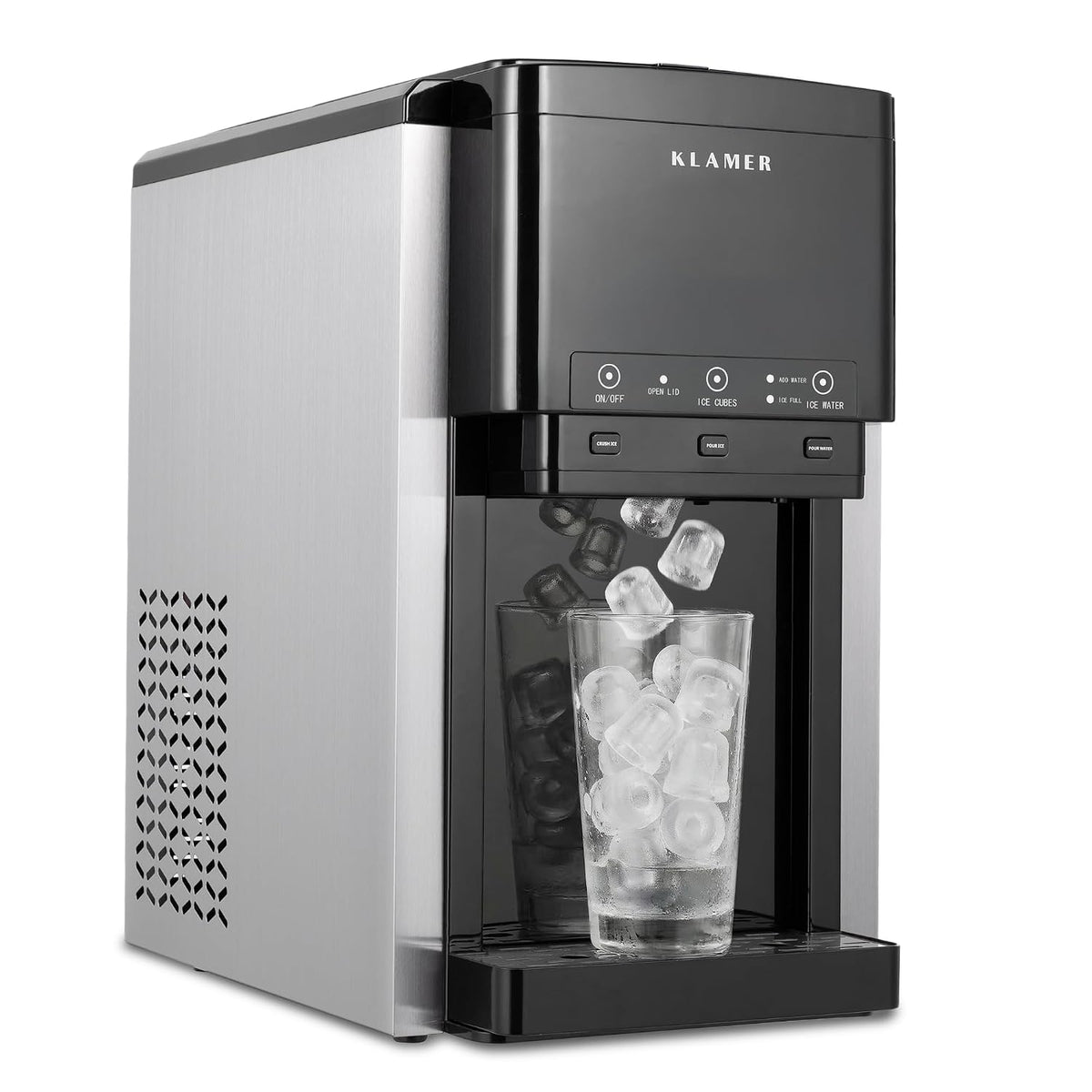 KLAMER Eiswürfelmaschine, 3-in-1 Ice Maker mit Crushed Ice, Wasserspender und Selbstreinigung