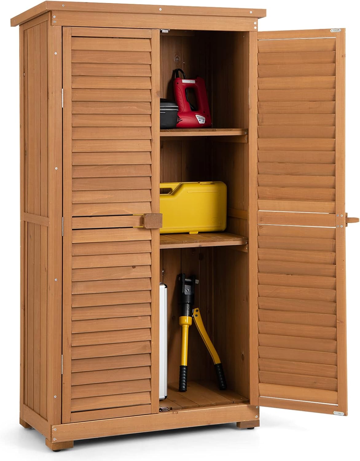 COSTWAY Gartenhaus, Gartenschrank Holz, Gerätehaus wetterfest, Geräteschuppen mit 3 herausnehmbaren Regalen
