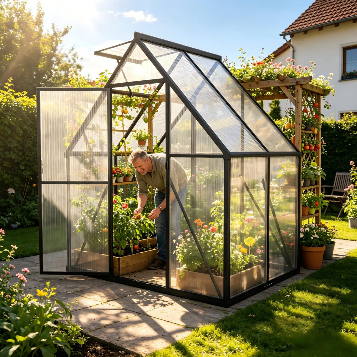 QEENTOE Aluminium Gewächshaus, 6 × 4FT mit Fundament & Dachfenster, stabiles Tomatenhaus wetterfest & rostfrei