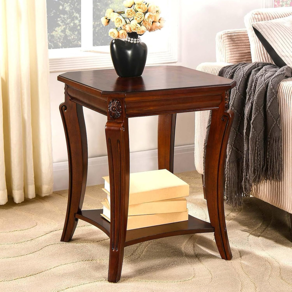 Beistelltisch Quadratischer End, mit Stauraumregal, Bauernhaus-Wohnzimmer-Eck-Tisch, Telefontisch, Einfache Montage, Kirschbraun CJZ-A1168-WD