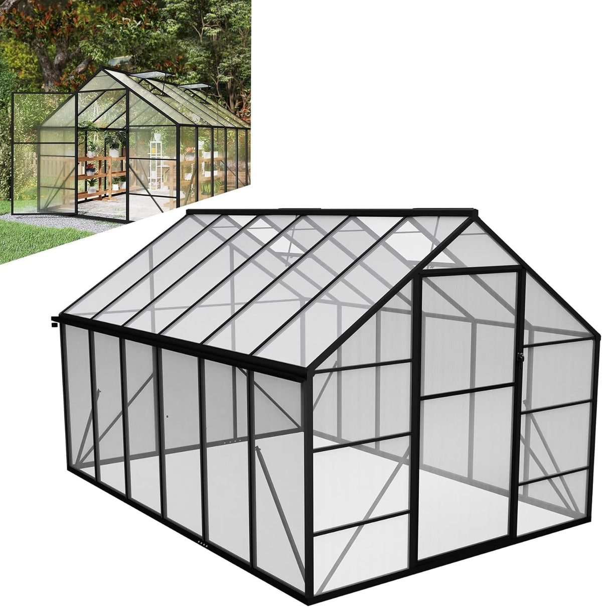 LZQ 380x250x205 Gartengewächshaus Aluminium mit Fundament cm Gewächshaus Pflanzenhaus mit Schiebetür und Dachfenster Treibhaus Gartenhaus