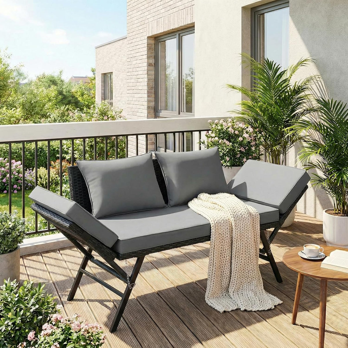 Sofa 2-Sitzer Gartenbank Polyrattan mit Liegefunktion Polyrattan-Möbel Rattan Garten, mit Verstellbare Armlehnen, Gartenbank Wetterfest für Garten