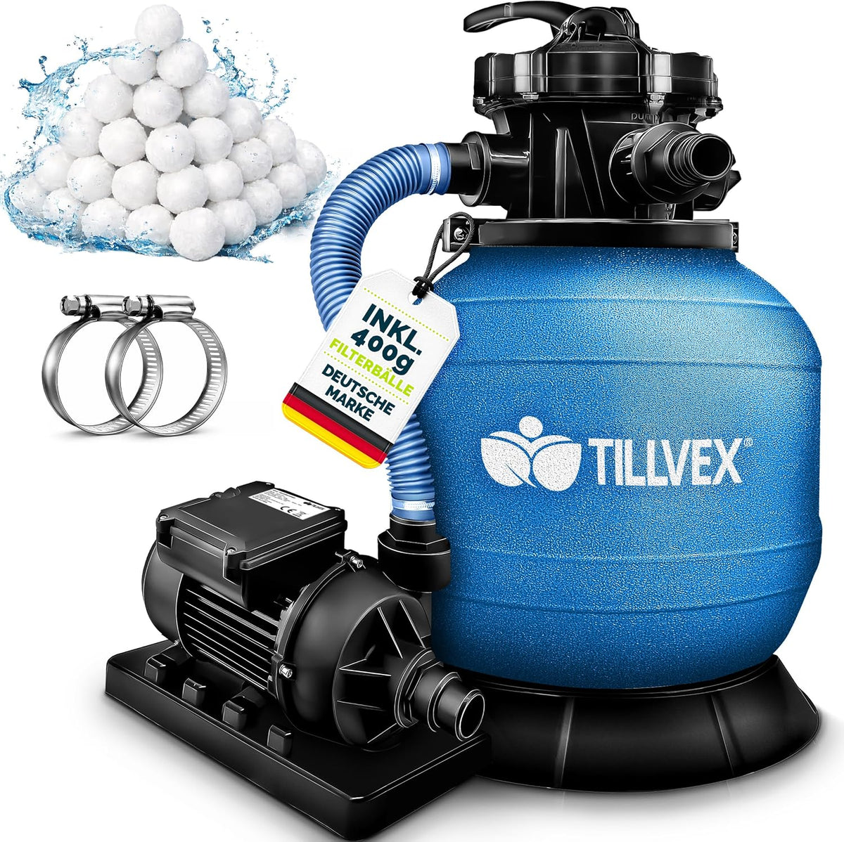 tillvex ® Sand Filter, anlage Pool 7.900L/h + 400g Filterbälle & 7-Wege Ventil