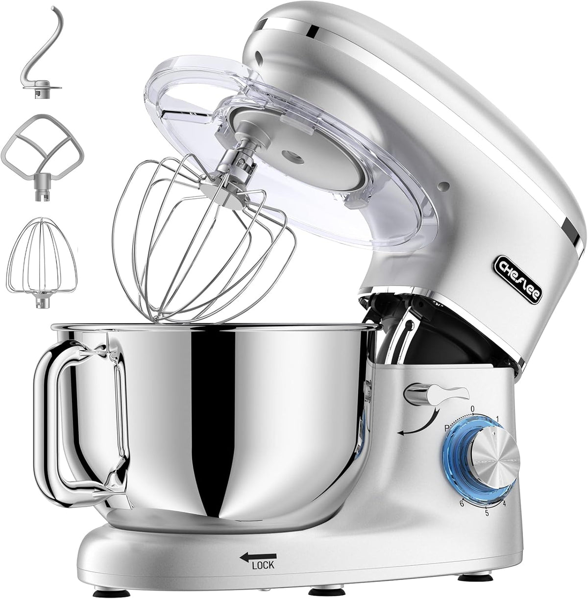 CHeflee Küchenmaschine, Teigmaschine 2000W Knetmaschine, Mit 6.2L EdelstahlschüSsel, 6 Geschwindigkeit Reduzierte GeräUsche, Mit RüHrbesen, RüHrhaken