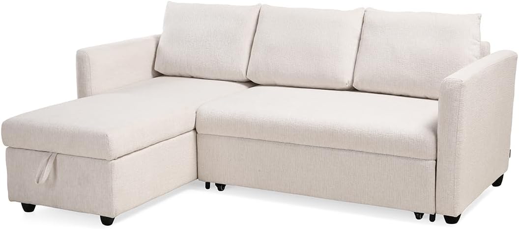Sofa Wilson Eck, links, wendbar, 3-Sitzer, Länge: 210 cm, aus weichem Stoff, beige, ausziehbar, mit Kissen und integriertem Truhe
